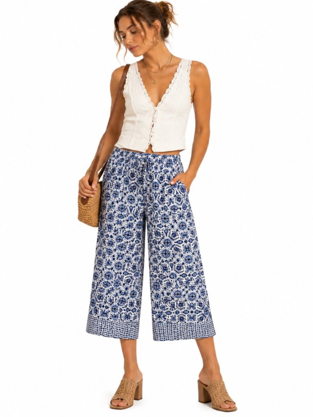 Joie Linen Blend Wide Leg Pants Women's 2 Blue White High Rise Resort Boho